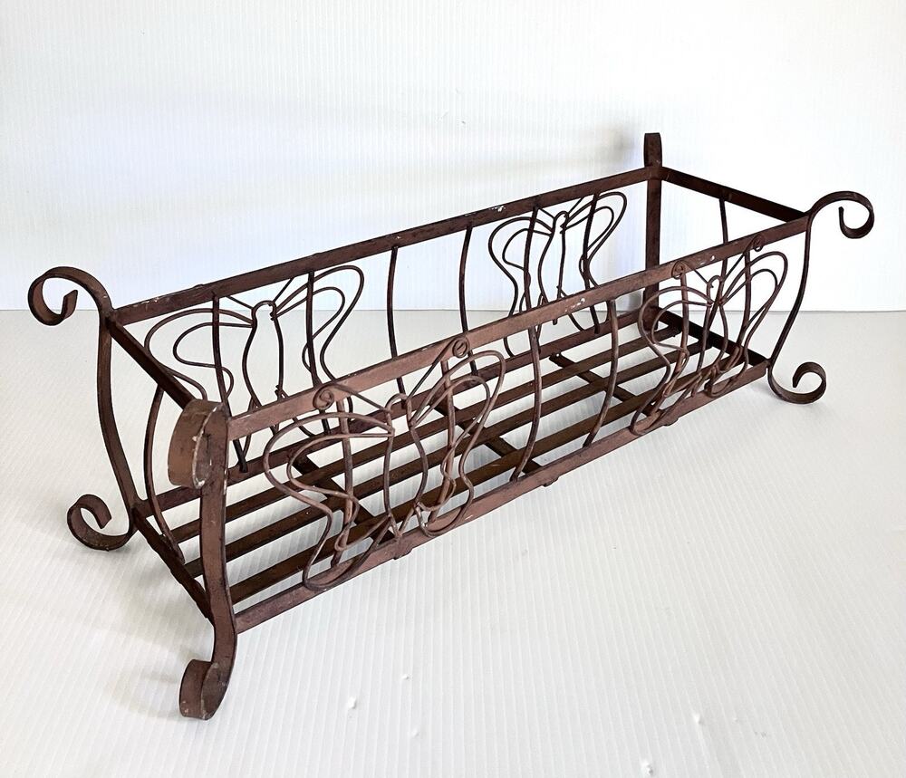 Vintage Wrought Iron Planter Basket Rustic Butterfly Design & Scroll Feet 22”